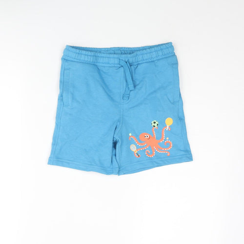 Marks and Spencer Boys Blue Cotton Sweat Shorts Size 7-8 Years Regular Drawstring - Octopus Print