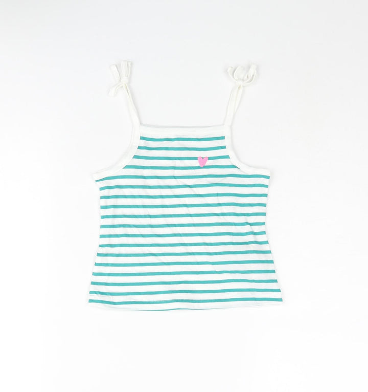 Marks and Spencer Girls Green Striped Cotton Basic Tank Size 2-3 Years Square Neck Pullover - Embroidered Heart
