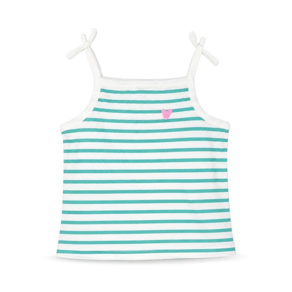 Marks and Spencer Girls Green Striped Cotton Basic Tank Size 2-3 Years Square Neck Pullover - Embroidered Heart