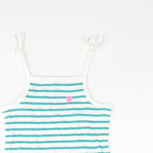 Marks and Spencer Girls Green Striped Cotton Basic Tank Size 2-3 Years Square Neck Pullover - Embroidered Heart