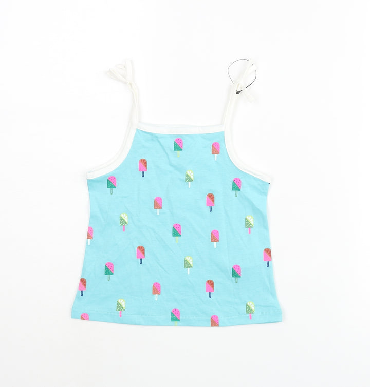 Marks and Spencer Girls Blue Geometric Cotton Basic Tank Size 2-3 Years Square Neck Pullover - Ice Lolly Print