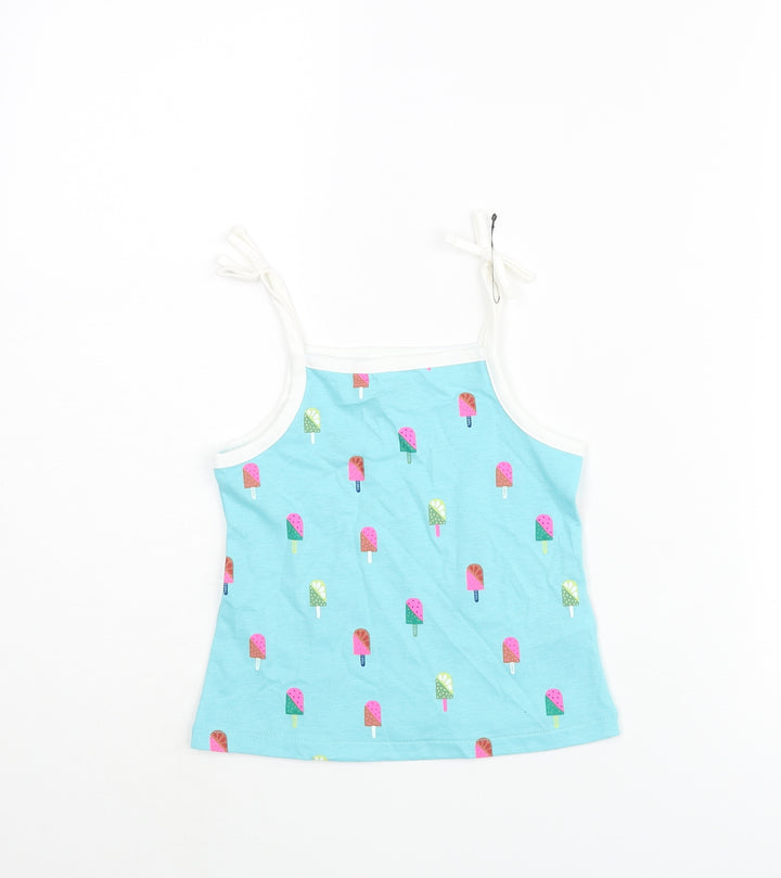 Marks and Spencer Girls Blue Geometric Cotton Basic Tank Size 2-3 Years Square Neck Pullover - Ice Lolly Print