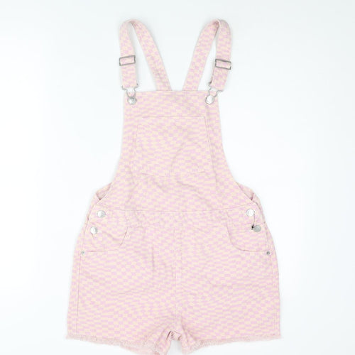 Marks and Spencer Girls Purple Check Cotton Dungaree Shorts Shorts Size 12-13 Years Regular Buckle