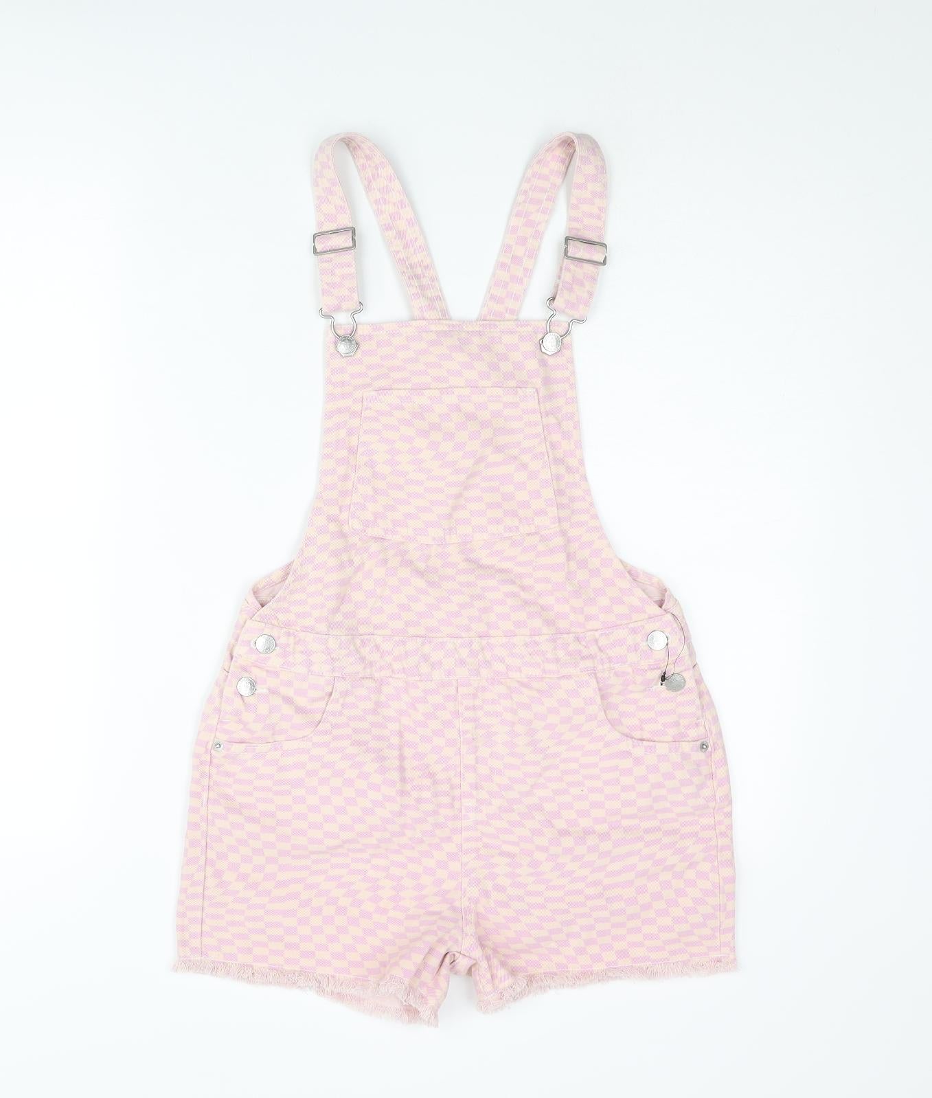 Marks and Spencer Girls Purple Check Cotton Dungaree Shorts Shorts Size 12-13 Years Regular Buckle