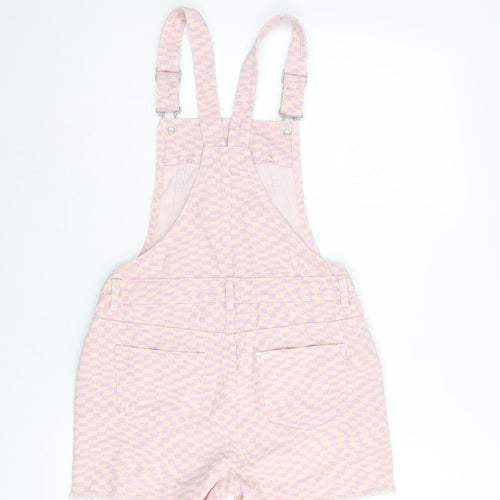 Marks and Spencer Girls Purple Check Cotton Dungaree Shorts Shorts Size 12-13 Years Regular Buckle
