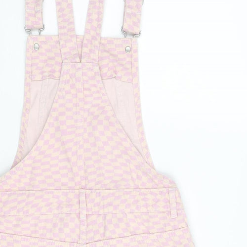 Marks and Spencer Girls Purple Check Cotton Dungaree Shorts Shorts Size 12-13 Years Regular Buckle