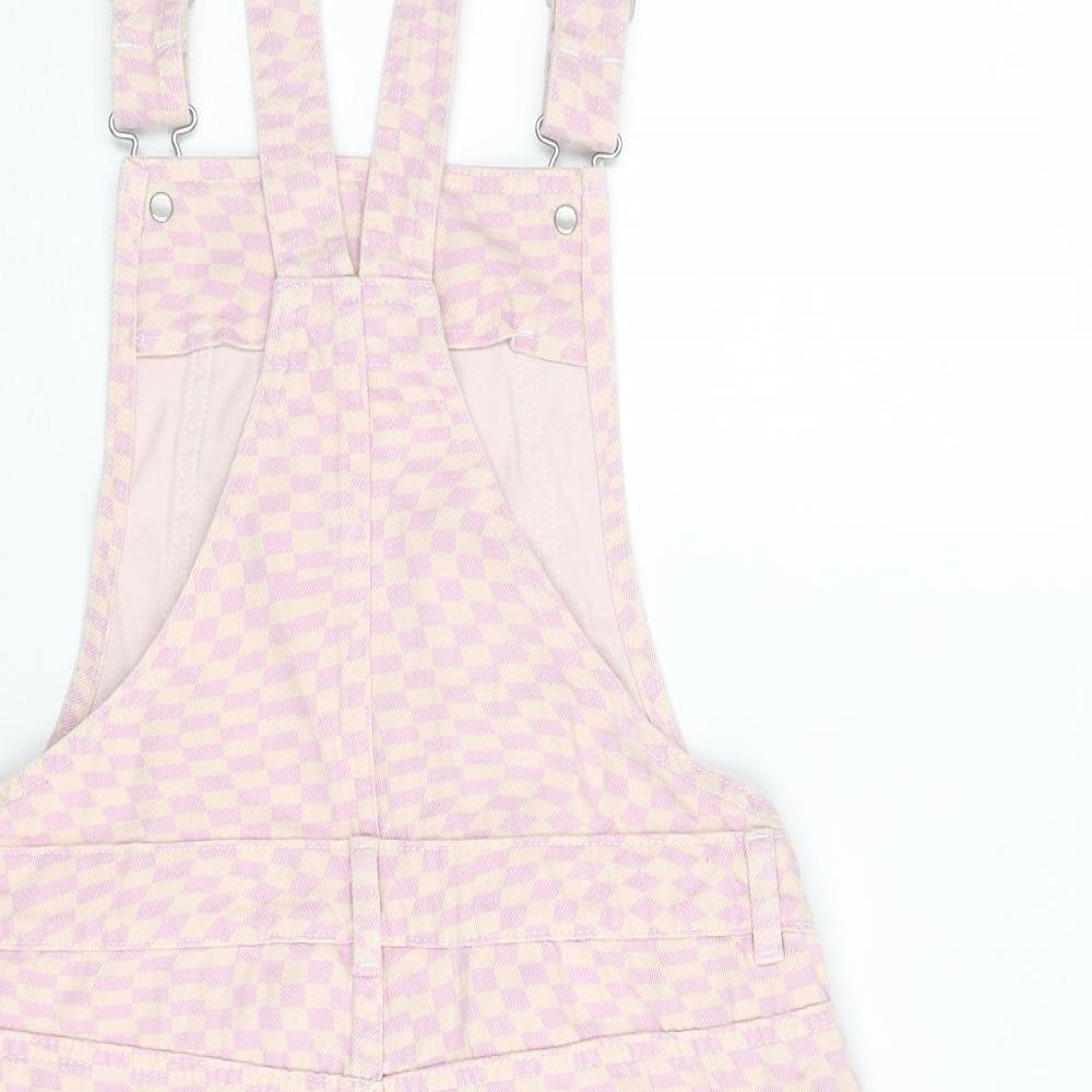 Marks and Spencer Girls Purple Check Cotton Dungaree Shorts Shorts Size 12-13 Years Regular Buckle