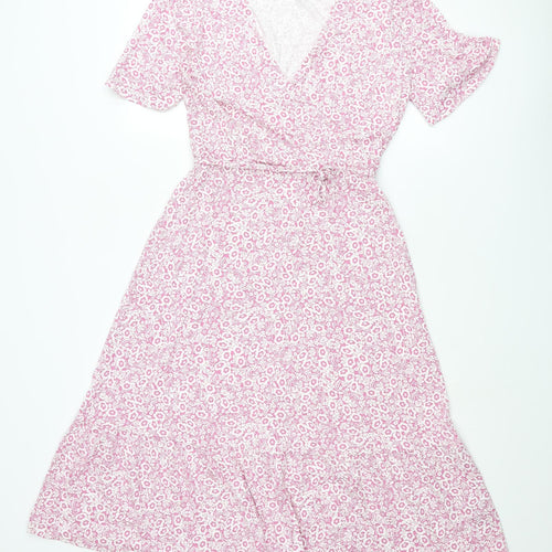 Marks and Spencer Womens Pink Floral Viscose A-Line Size 10 V-Neck Pullover - Belted
