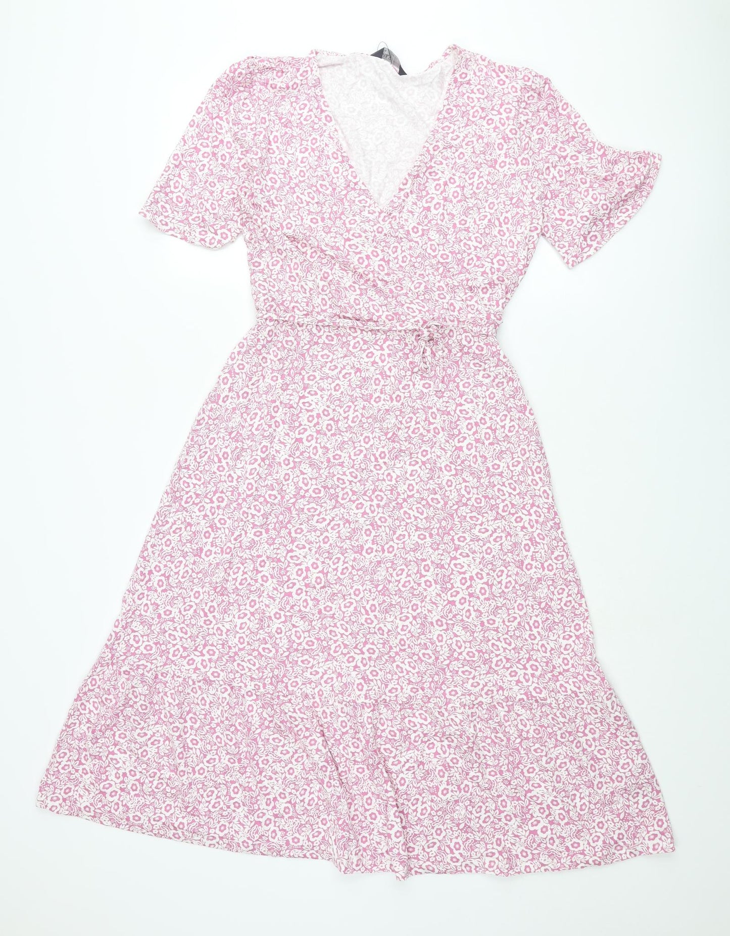 Marks and Spencer Womens Pink Floral Viscose A-Line Size 10 V-Neck Pullover - Belted
