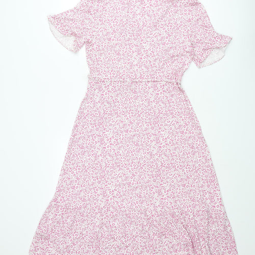 Marks and Spencer Womens Pink Floral Viscose A-Line Size 10 V-Neck Pullover - Belted