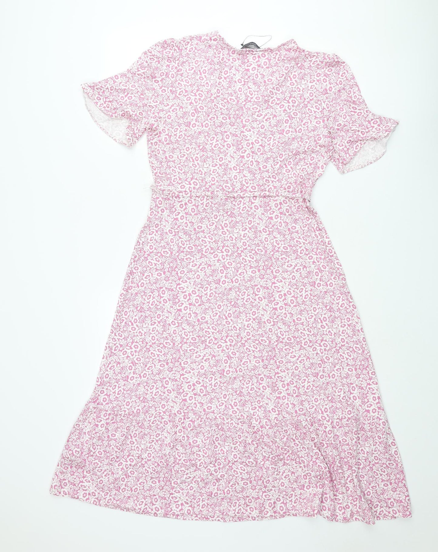 Marks and Spencer Womens Pink Floral Viscose A-Line Size 10 V-Neck Pullover - Belted