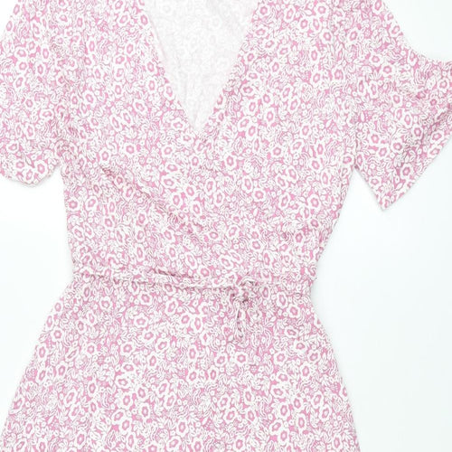 Marks and Spencer Womens Pink Floral Viscose A-Line Size 10 V-Neck Pullover - Belted