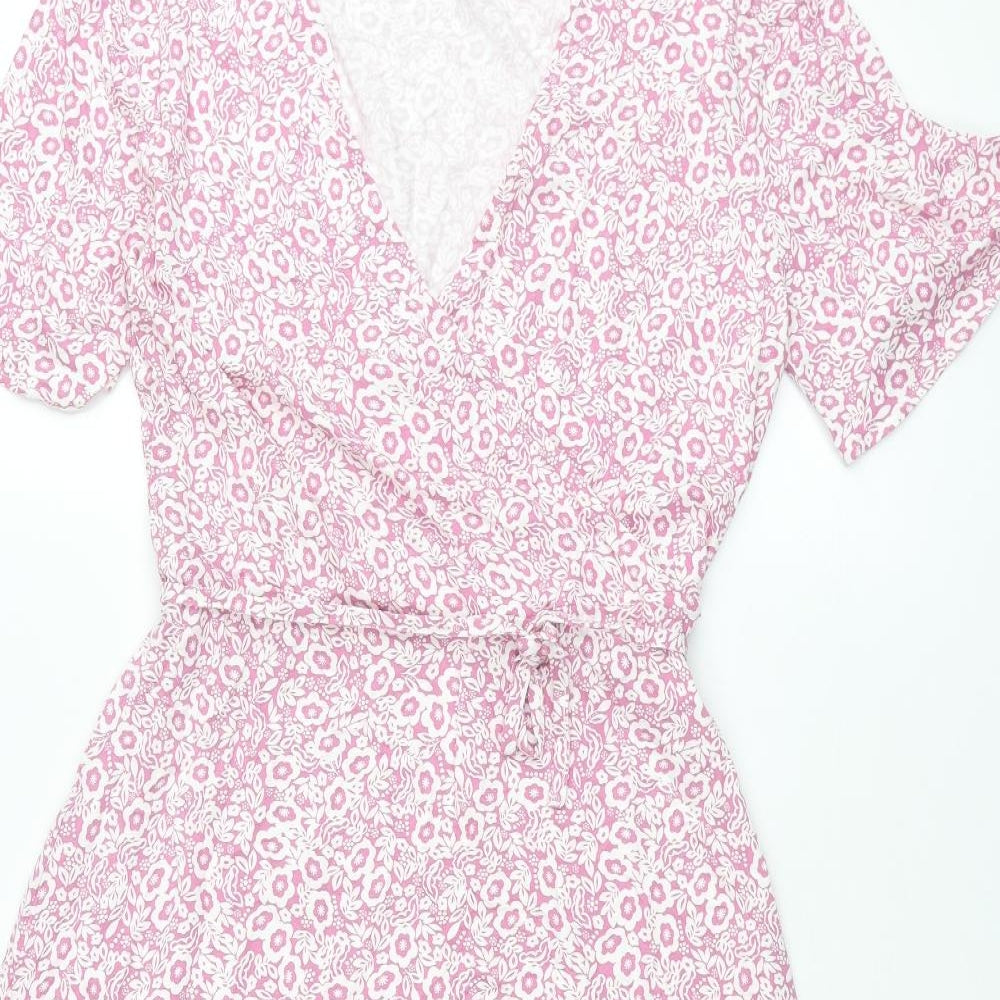 Marks and Spencer Womens Pink Floral Viscose A-Line Size 10 V-Neck Pullover - Belted