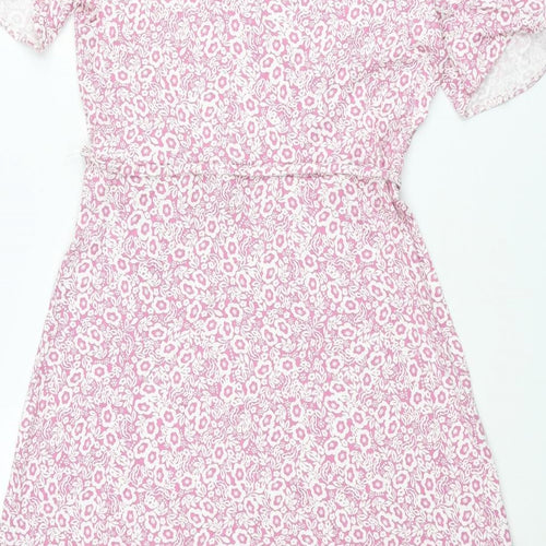 Marks and Spencer Womens Pink Floral Viscose A-Line Size 10 V-Neck Pullover - Belted