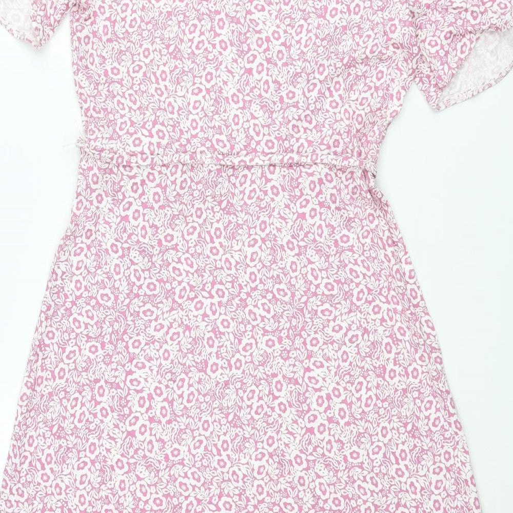 Marks and Spencer Womens Pink Floral Viscose A-Line Size 10 V-Neck Pullover - Belted