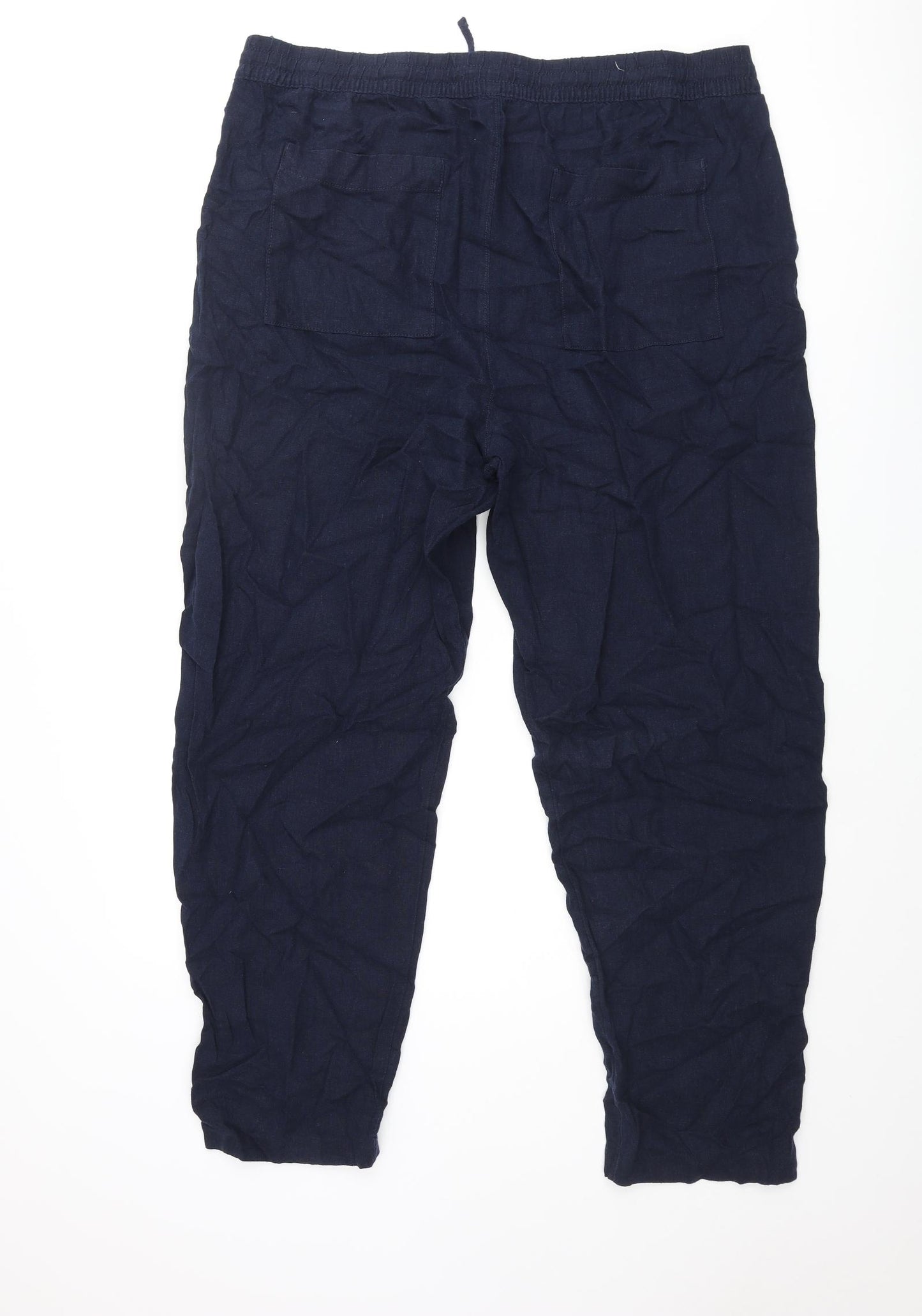 Marks and Spencer Womens Blue Linen Trousers Size 20 L29 in Regular Drawstring