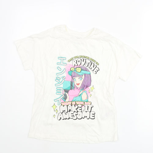 Marks and Spencer Girls Ivory Cotton Basic T-Shirt Size 8-9 Years Crew Neck Pullover - Girl Print Make It Awesome
