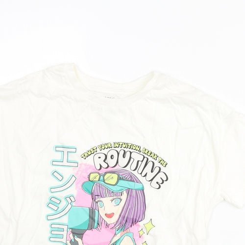 Marks and Spencer Girls Ivory Cotton Basic T-Shirt Size 8-9 Years Crew Neck Pullover - Girl Print Make It Awesome