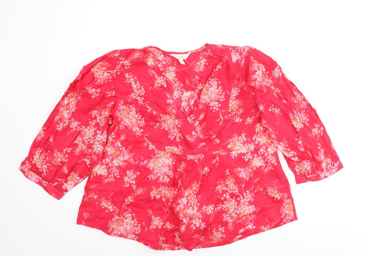 Per Una Womens Pink Floral Cotton Basic Blouse Size XS V-Neck
