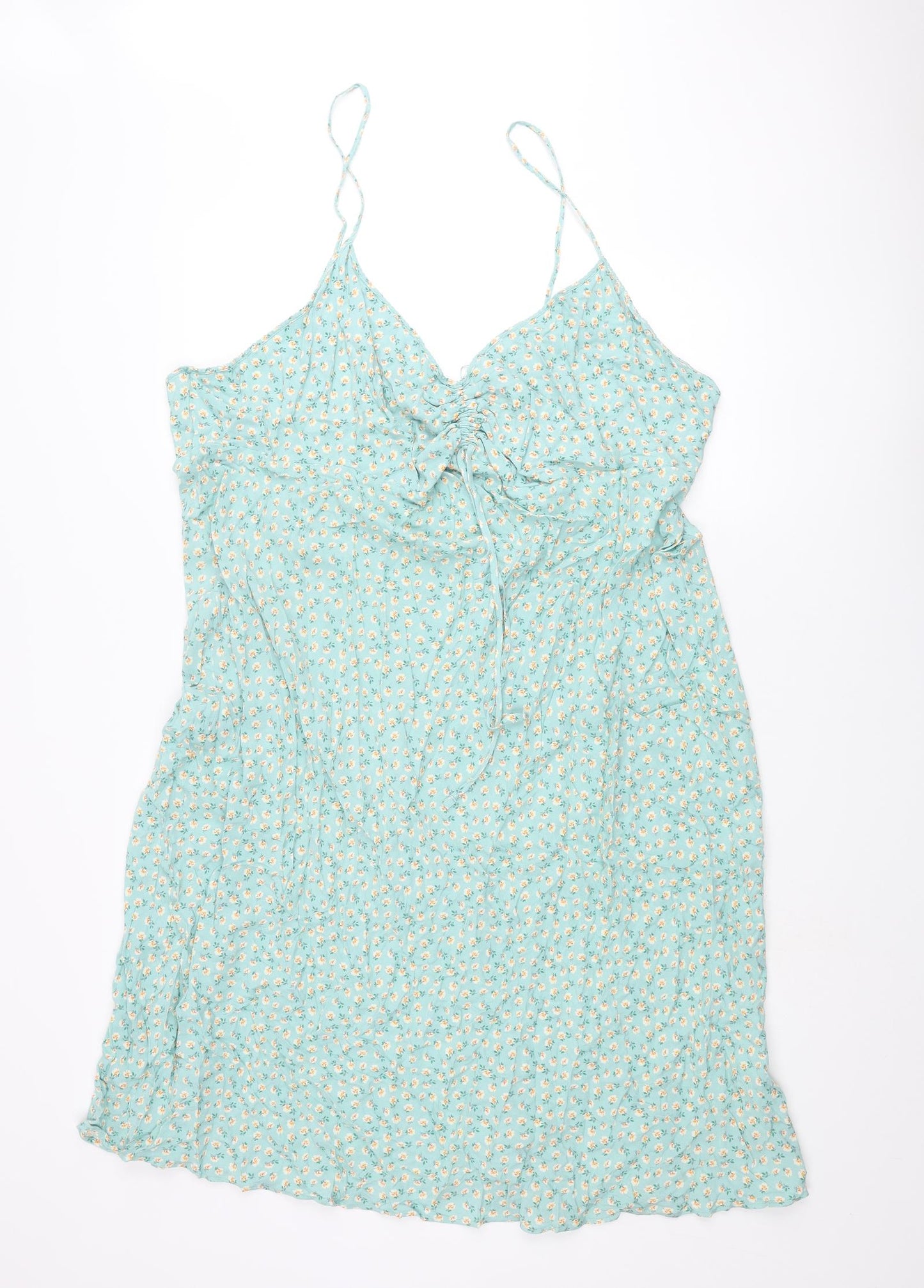 Marks and Spencer Womens Blue Floral Viscose Slip Dress Size 26 V-Neck Pullover - Rouched Bow