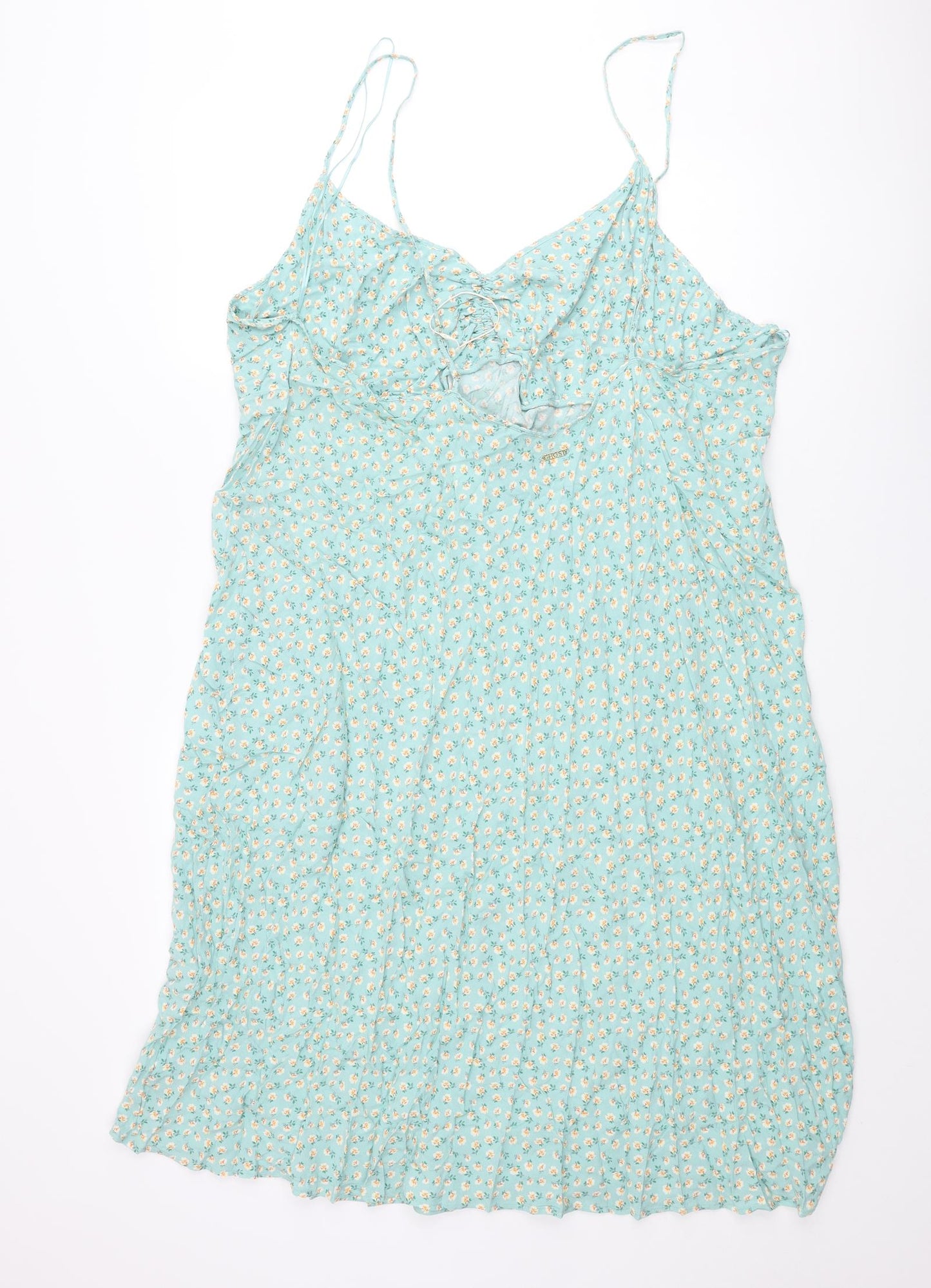 Marks and Spencer Womens Blue Floral Viscose Slip Dress Size 26 V-Neck Pullover - Rouched Bow