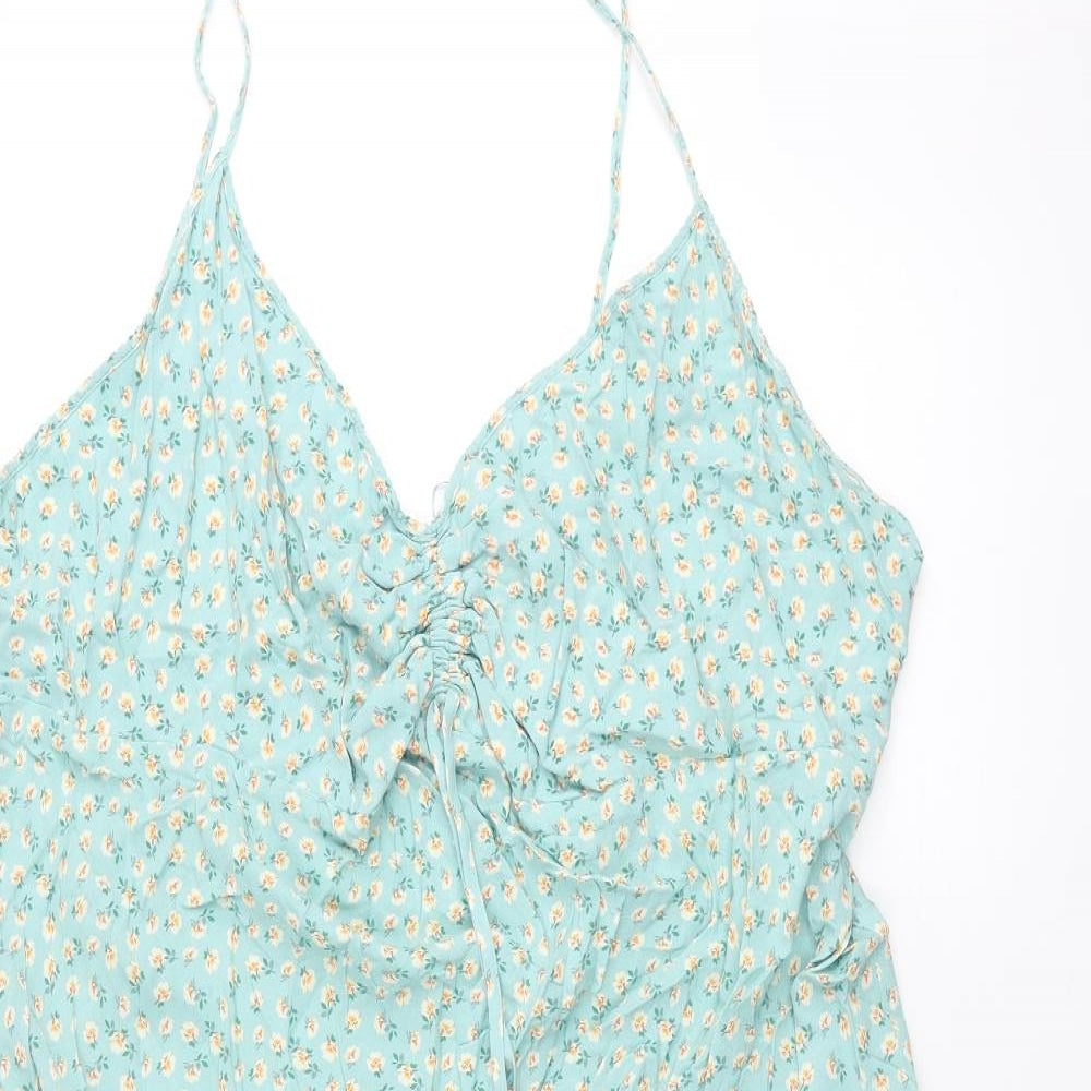 Marks and Spencer Womens Blue Floral Viscose Slip Dress Size 26 V-Neck Pullover - Rouched Bow