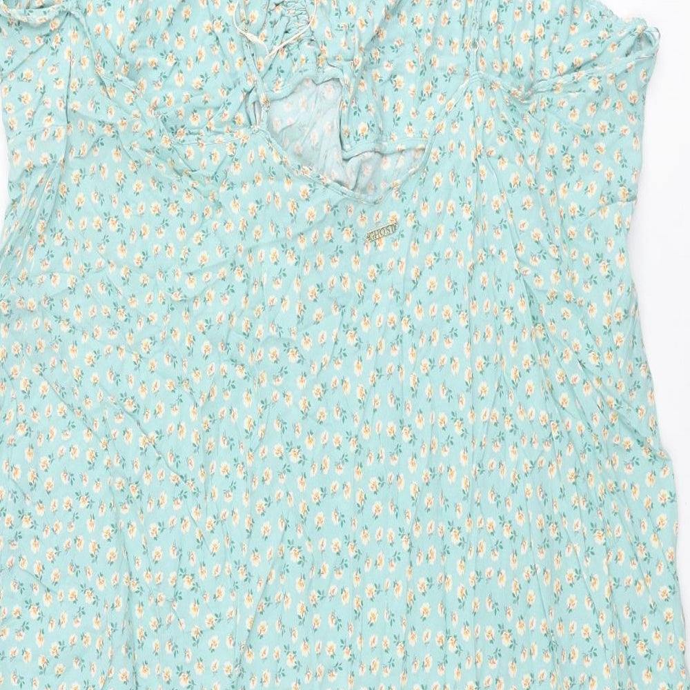 Marks and Spencer Womens Blue Floral Viscose Slip Dress Size 26 V-Neck Pullover - Rouched Bow
