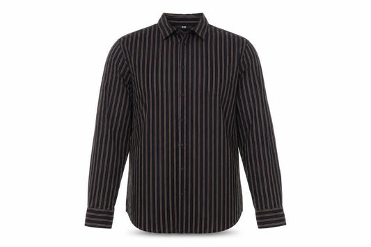 Front view of Uniqlo men’s blue striped polyester button-up, size M, collared button