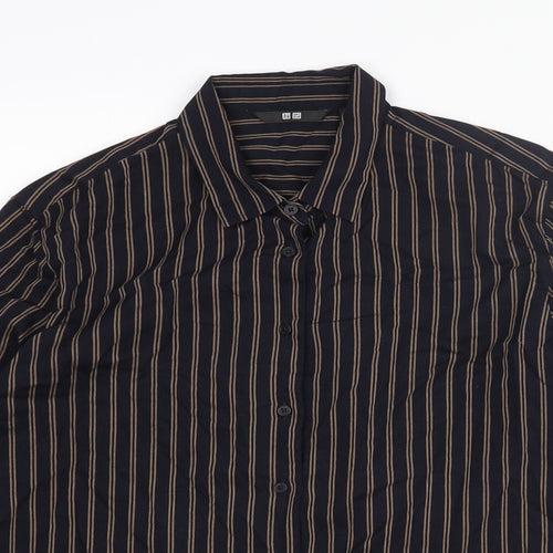 Uniqlo Mens Blue Striped Polyester Button-Up Size M Collared Button