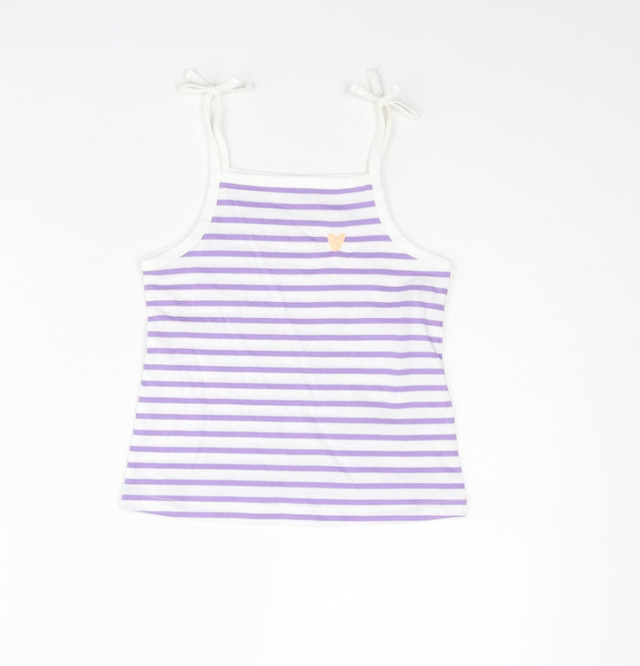 Marks and Spencer Girls Purple Striped Cotton Basic Tank Size 3-4 Years Square Neck Pullover - Embroidered Heart