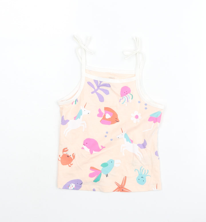 Marks and Spencer Girls Pink Geometric Cotton Basic Tank Size 2-3 Years Square Neck Pullover - Sea Life Unicorn Flamingo Pattern