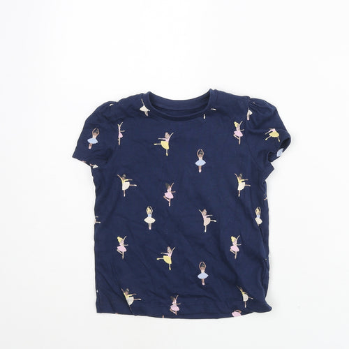 Marks and Spencer Girls Blue Geometric Cotton Basic T-Shirt Size 2-3 Years Round Neck Pullover - Ballerina Print