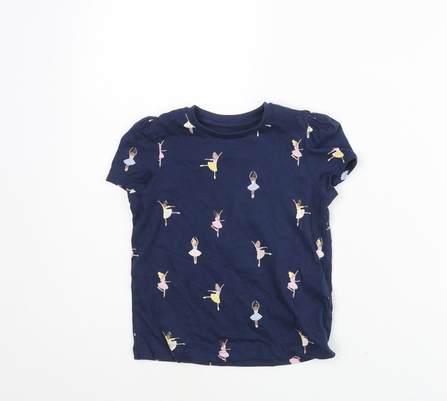 Marks and Spencer Girls Blue Geometric Cotton Basic T-Shirt Size 2-3 Years Round Neck Pullover - Ballerina Print