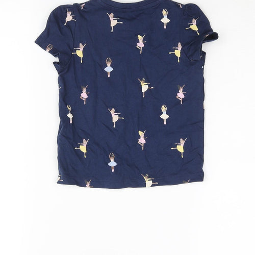 Marks and Spencer Girls Blue Geometric Cotton Basic T-Shirt Size 2-3 Years Round Neck Pullover - Ballerina Print