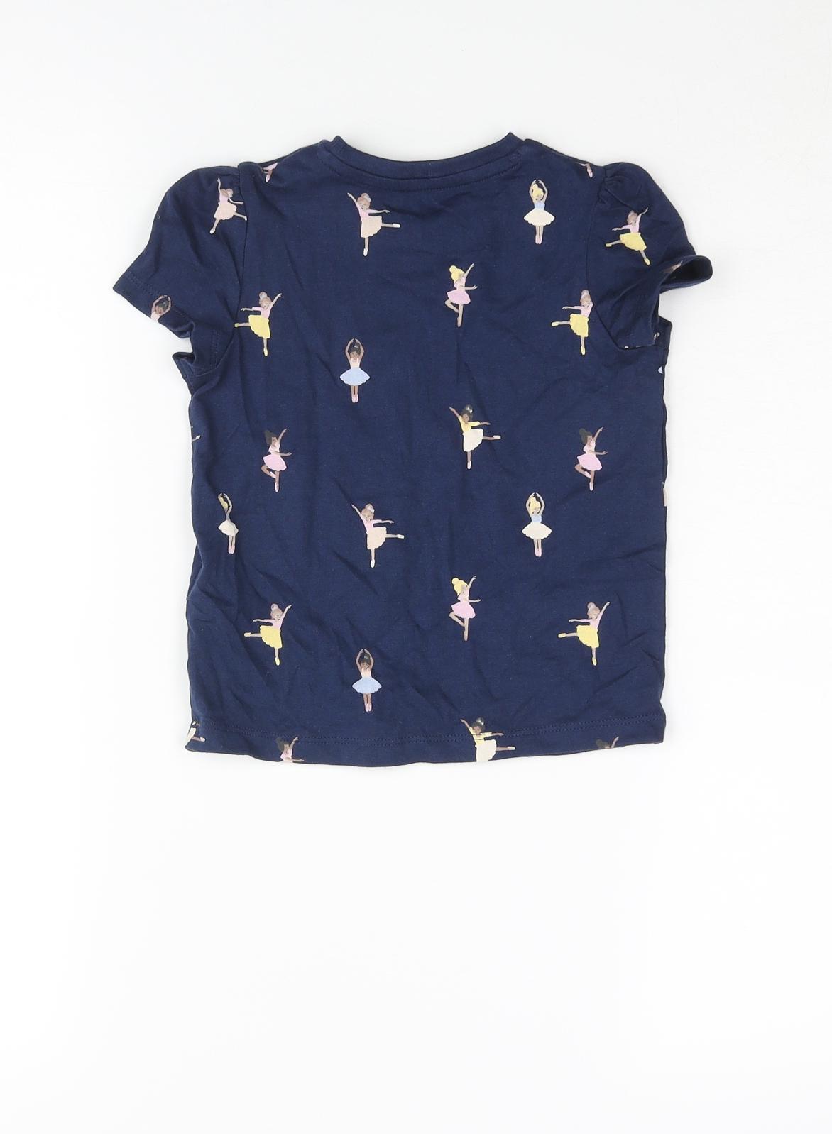 Marks and Spencer Girls Blue Geometric Cotton Basic T-Shirt Size 2-3 Years Round Neck Pullover - Ballerina Print