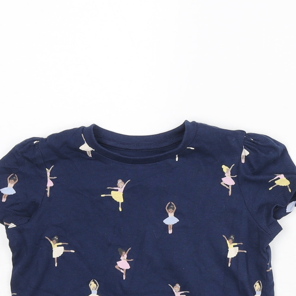 Marks and Spencer Girls Blue Geometric Cotton Basic T-Shirt Size 2-3 Years Round Neck Pullover - Ballerina Print