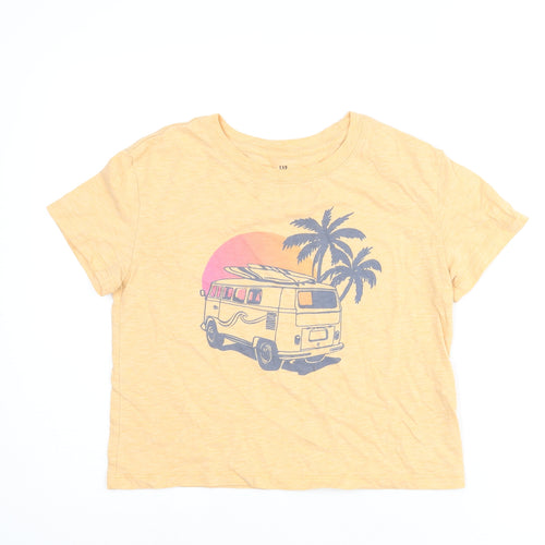 Gap Girls Orange Cotton Basic T-Shirt Size 12-13 Years Round Neck Pullover - Campervan Palm Tree Print