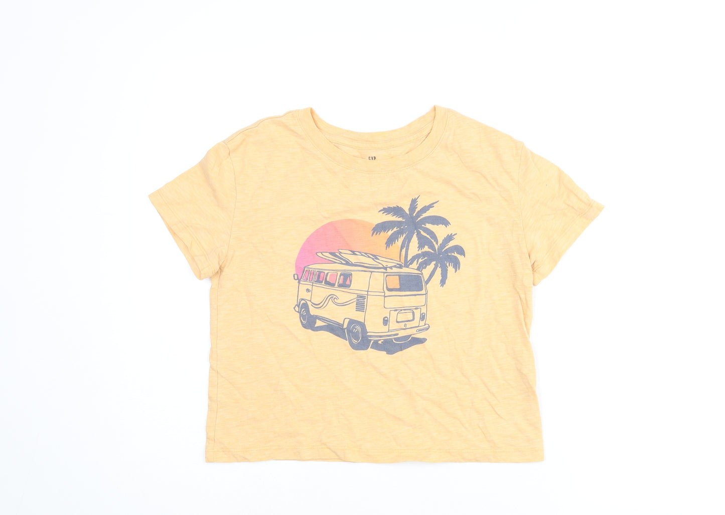 Gap Girls Orange Cotton Basic T-Shirt Size 12-13 Years Round Neck Pullover - Campervan Palm Tree Print