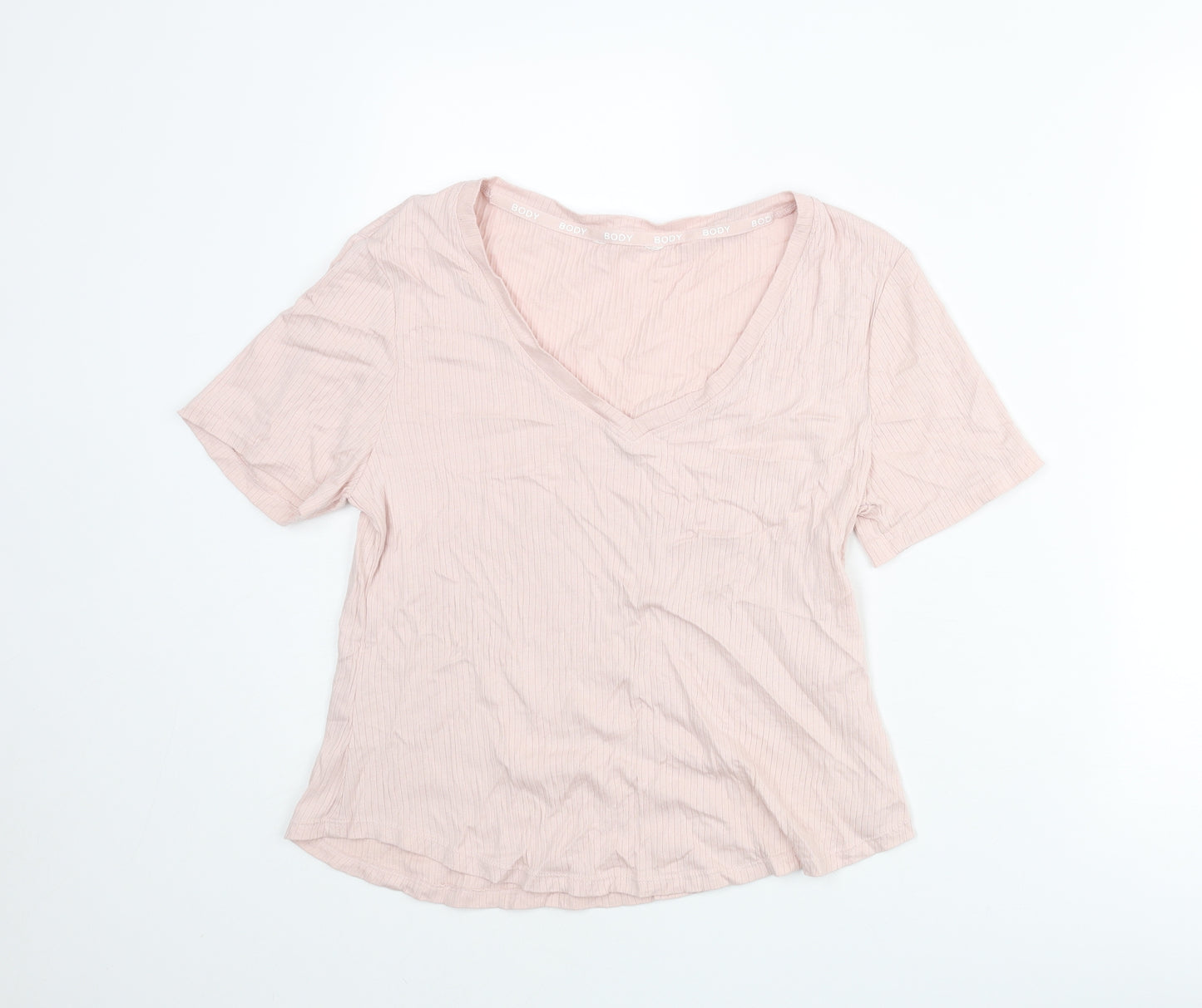 Marks and Spencer Womens Pink Cotton Basic T-Shirt Size M V-Neck - Ribbed