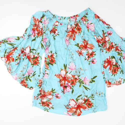 bonprix Womens Blue Floral Viscose Tunic Blouse Size M Boat Neck