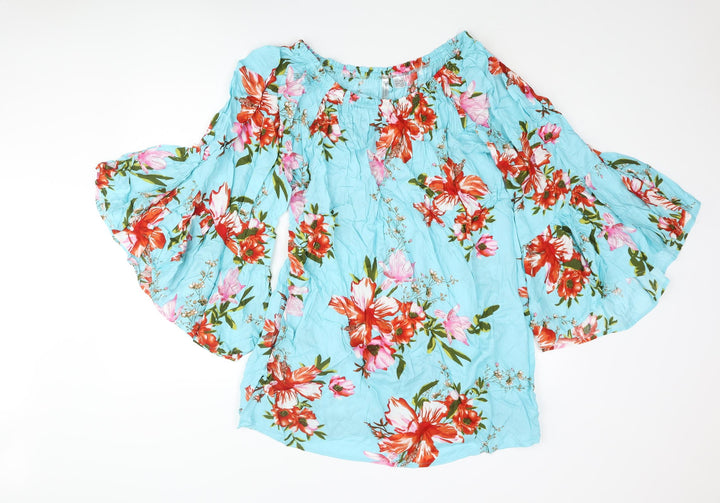 bonprix Womens Blue Floral Viscose Tunic Blouse Size M Boat Neck