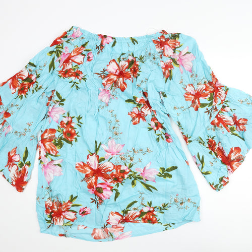 bonprix Womens Blue Floral Viscose Tunic Blouse Size M Boat Neck