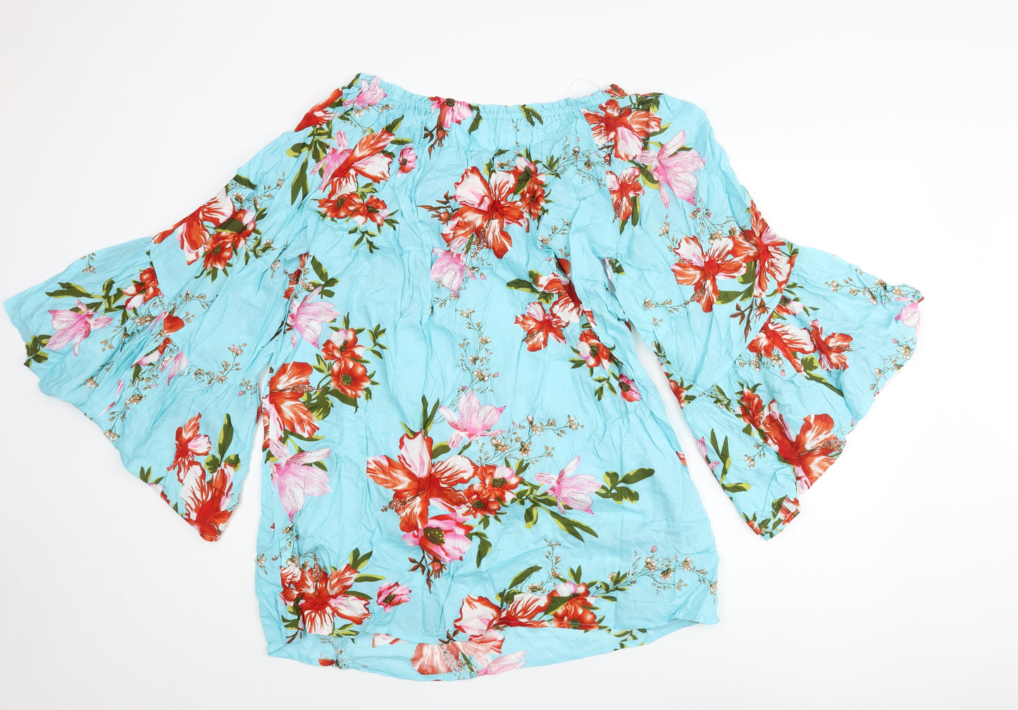 bonprix Womens Blue Floral Viscose Tunic Blouse Size M Boat Neck