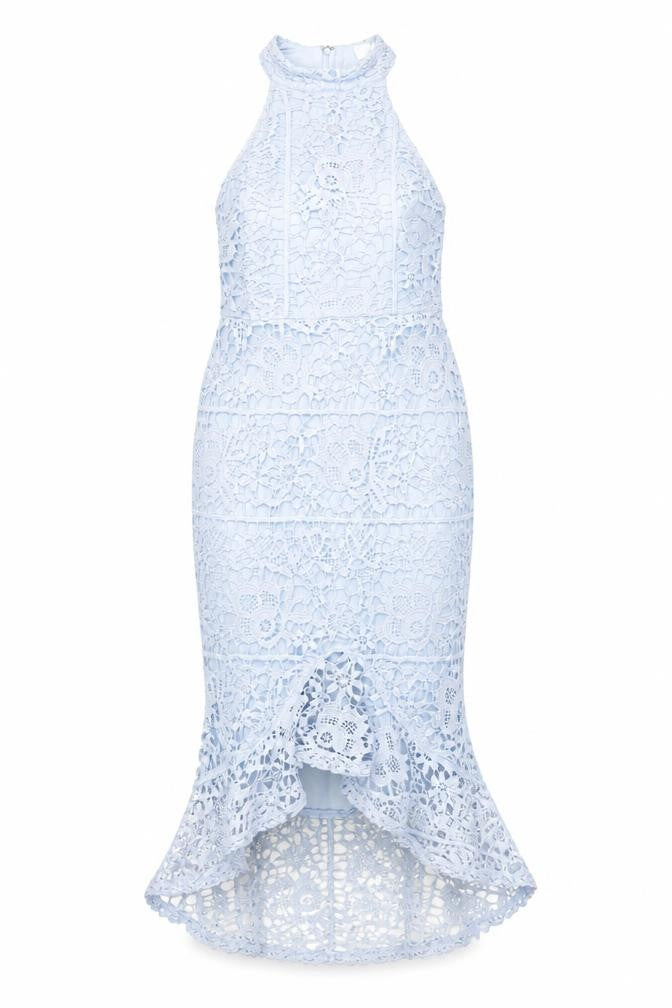 Front view of Missguided women’s blue polyester mermaid, size UK 8, round neck zip
