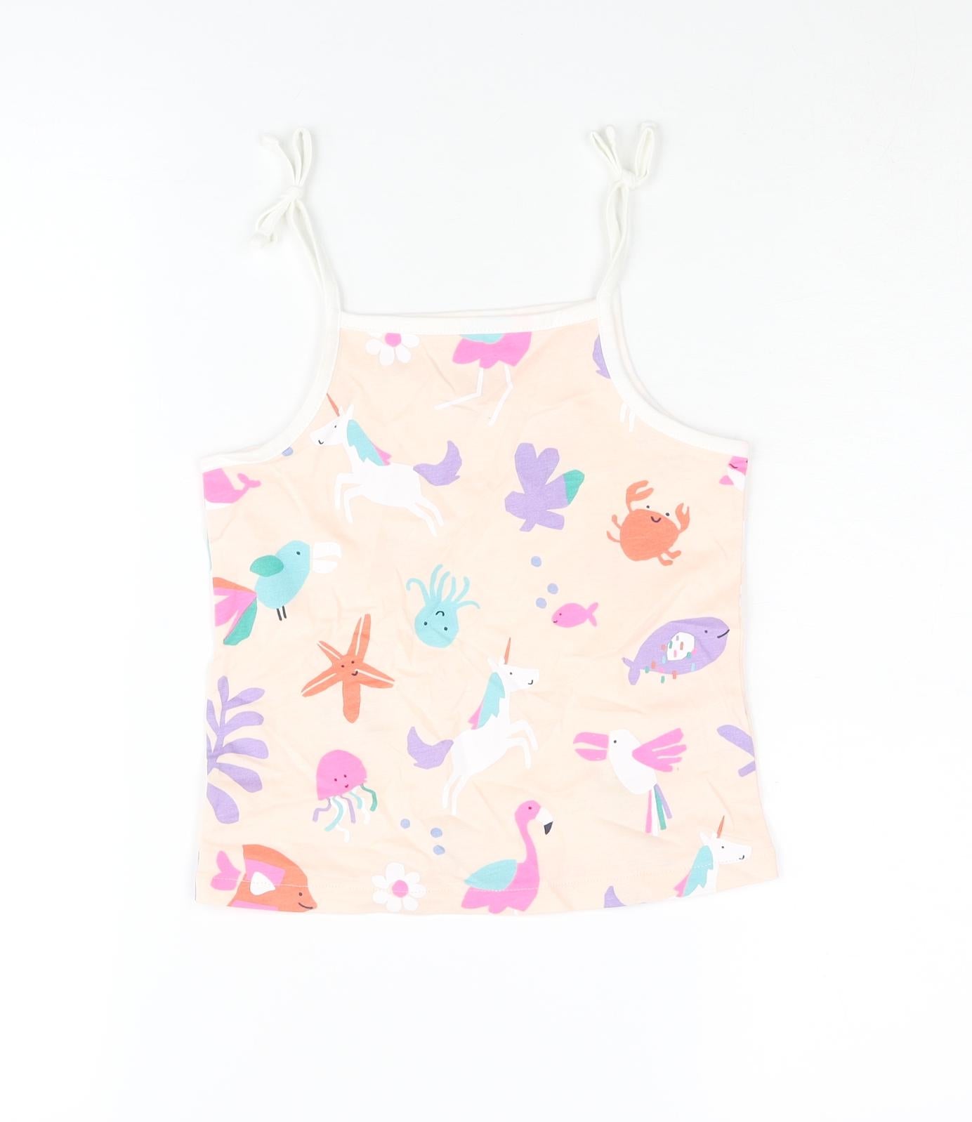 Marks and Spencer Girls Pink Geometric Cotton Basic Tank Size 4-5 Years Square Neck Pullover - Sea Life Unicorn Flamingo Pattern