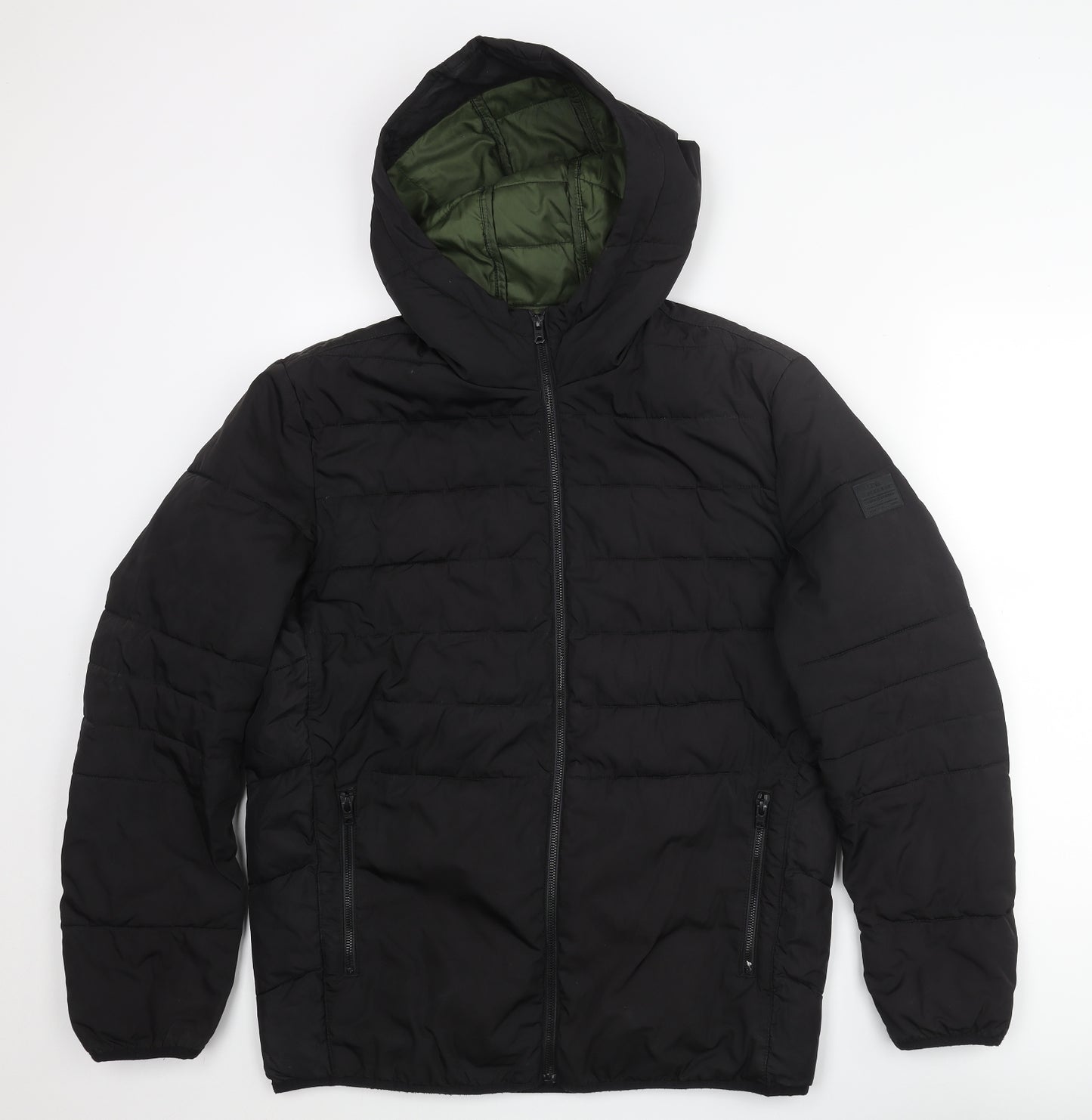 JACK & JONES Mens Black Puffer Jacket Coat Size L Zip - Sleeve Logo