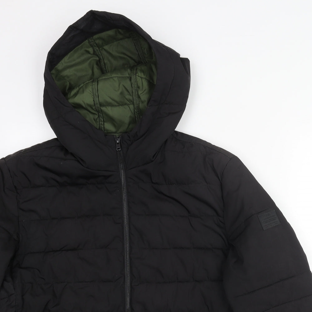 JACK & JONES Mens Black Puffer Jacket Coat Size L Zip - Sleeve Logo