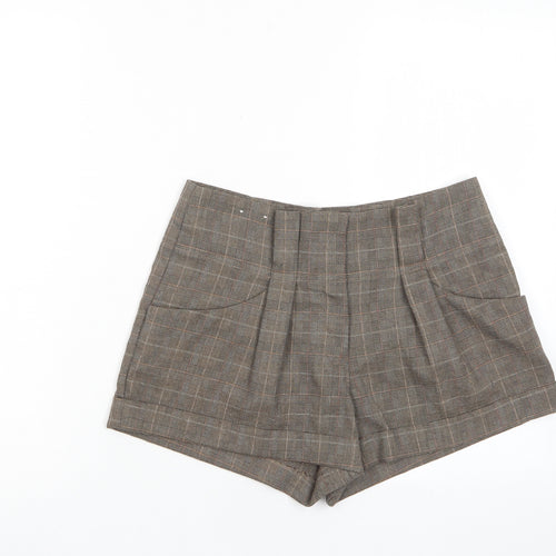 New Look Womens Brown Plaid Polyester Basic Shorts Size 10 L3 in Regular Hook & Eye - Pockets, Pleated Front