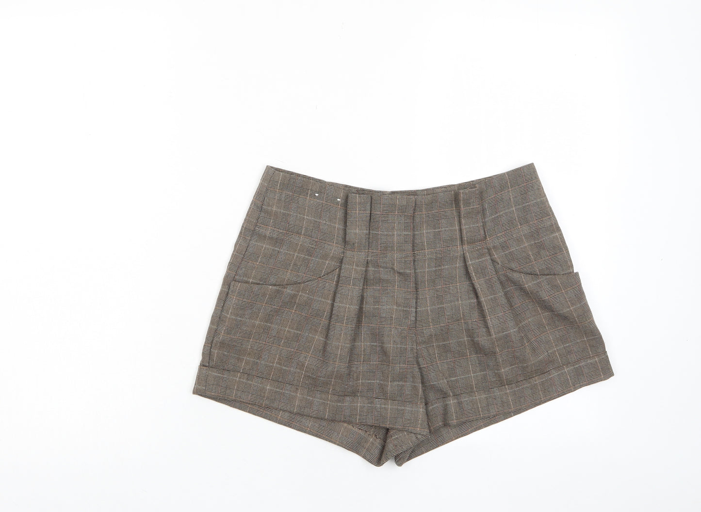 New Look Womens Brown Plaid Polyester Basic Shorts Size 10 L3 in Regular Hook & Eye - Pockets, Pleated Front