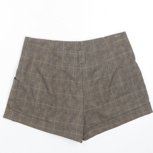 New Look Womens Brown Plaid Polyester Basic Shorts Size 10 L3 in Regular Hook & Eye - Pockets, Pleated Front